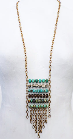 2200  Long Necklace with Amazonite, Pyrite, Turquoise, Smokey Quartz