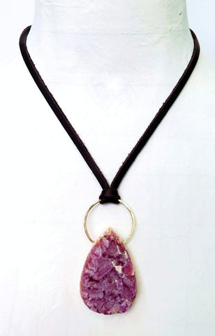 2221 Pink Fluorite Druzy Pendant on Hammered Gold Filled Ring on Leather (One of a Kind)