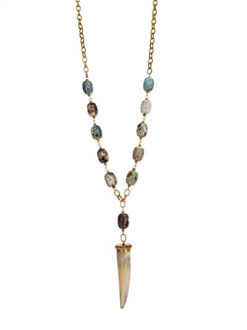 2227 CREAM WITH BRASS HORN PENDANT ON SHADES OF BLUE, BROWN & CREAM OPAL AGATE BEADS AND BRASS CHAIN