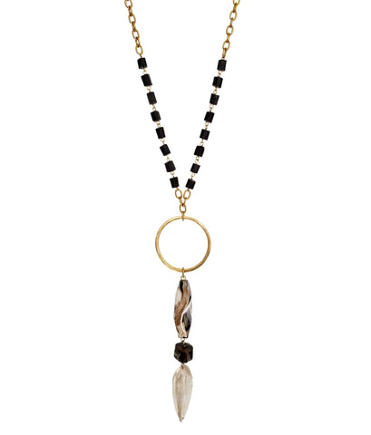 2228  Clear crystal, agate & hammered brass pendant on black tourmaline beads and brass chain.