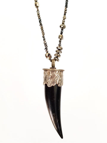 2230  BLACK AND SILVER HORN PENDANT ON MIXED BLACK, GUNMETAL AND GOLD PYRITE BEADED LONG NECKLACE
