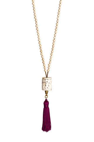 2234 CREAM AGATE BEADS WITH CARVED CORAL PENDANT & FUCHSIA TASSEL LONG NECKLACE