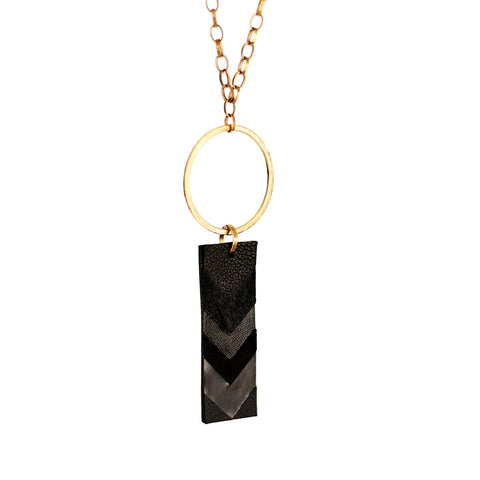 2241 CHEVRON MIXED BLACK LEATHER PENDANT ON HAMMERED BRONZE CIRCLE AND CHAIN
