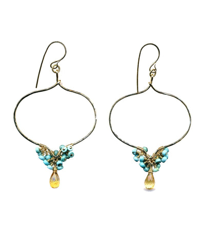 E0316 Turquoise Cluster w/ Citrine Teardrop on Gold Filled Earrings