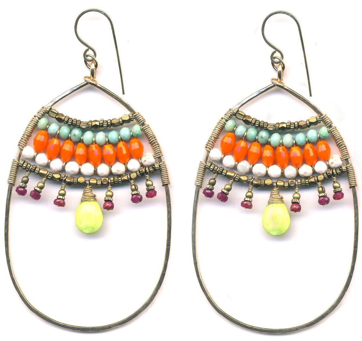 E0569 Hammered Gold Filled Oval with Antique Bronze & Multicolor Beads