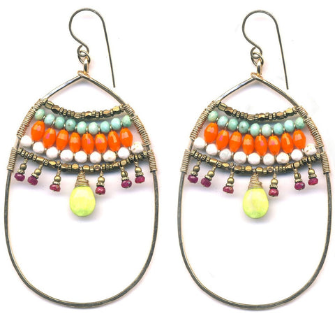 E0569 Hammered Gold Filled Oval with Antique Bronze & Multicolor Beads