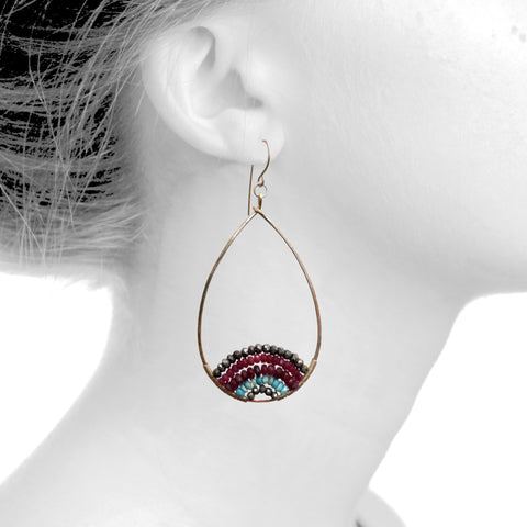 E0583 Hammered Gold Filled Teardrop with Pyrite, Rubies and Turquoise
