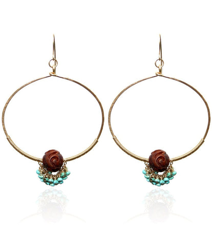 E0593  Carved Wood Bead w/ Tiny Turquoise Bead Cluster on Hammered GF  Oval Earrings