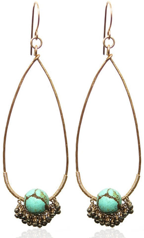 E0594 Turquoise Bead Surrounded by Faceted Pyrite Cluster on Hammered GF  Teardrop Earring