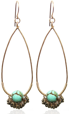 E0594 Turquoise Bead Surrounded by Faceted Pyrite Cluster on Hammered GF  Teardrop Earring