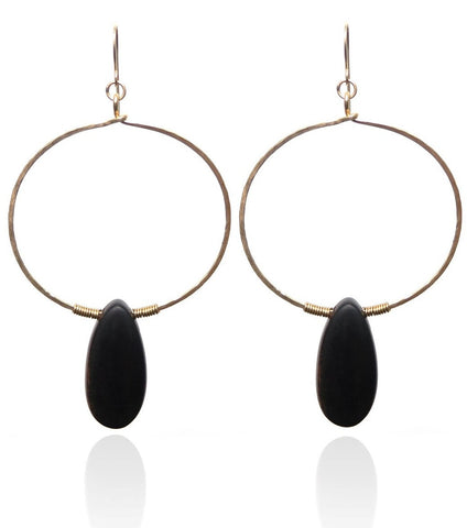 E0595 Wood Teardrop Bead on Gold Filled Hammered Wide Oval Earring