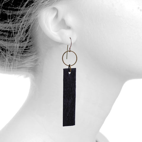 E0619  BLACK COWHIDE RECTANGLES ON BRASS RINGS WITH GOLD FILLED EAR WIRES  4" LONG