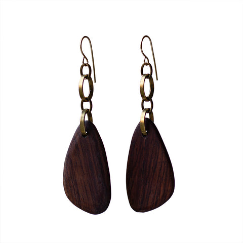 E0620 CARVED ASYMMETRICAL WOOD TEARDROPS ON BRASS CHAIN WITH GOLD FILLED EAR WIRES  3 7/8" LONG