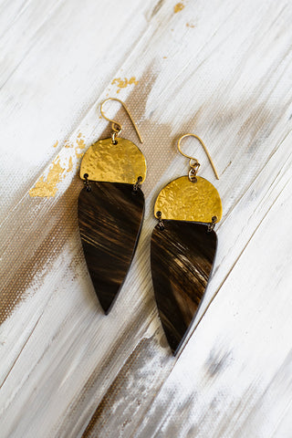 E0621  BLACK & BROWN PATTERNED HORN & HAMMERED BRASS EARRINGS WITH GOLD FILLED EAR WIRES  3.75" LONG