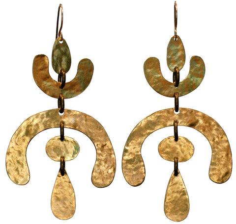 E0625 Hammered brass organic earrings  3.75" L