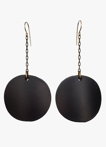 E0630 Black leather circle earrings on brass chain w/ gold filled ear wires  3.75" long