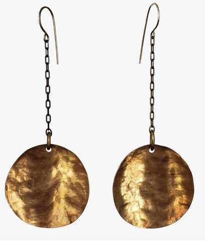 E0631 Hammered brass circle earrings on brass chain w/ gold filled ear wires  3.75" long
