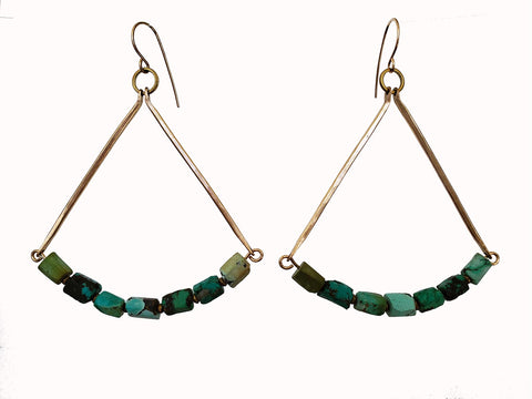 E0632 Turquoise, brass bead and hammered gold filled metal earrings  3.5"L X 2.75"W