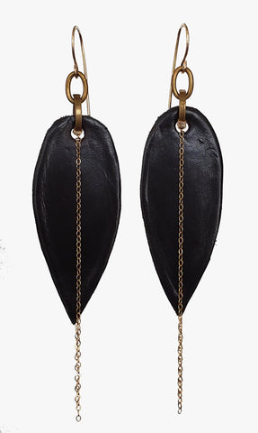 E0633 Black leather leaf earrings w/ gold filled chain and ear wires 3.75" L