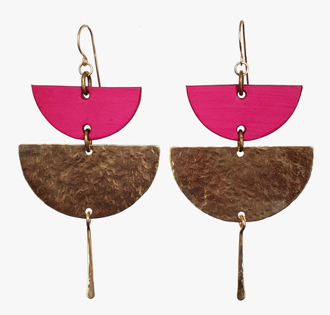 E0634 Hammered brass and fuchsia leather half moon earrings w/ hammered gold filled drop  4" long
