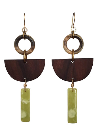 E0635 Peruvian serpentine, horn and Bolivian rosewood earrings on gold filled ear wires 4 3/8" LONG
